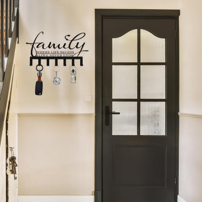 Hicarer Family Key Holder Metal Hooks Decorative Hanger Black Rack Wall Mount Organizer with Screws and Anchors for Keys Hat Kitchen Entryway Front Door Home Decor