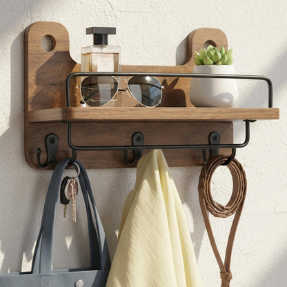 REFGY Key Holder for Wall with Shelf - 5.1" Deep Large Mail Organizer Wall Mount with 3 Heavy-Duty Dual Hooks & Safety Guardrail - Rustic Wood Wall Shelf for Entryway, Kitchen, Office