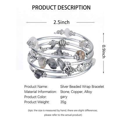 FULU AUTUMN Stone Silver Bangle Wrap Bracelet Boho Turquoise Crystal Chips Bead Bracelets Fashion Jewelry Birthday Gifts for Women(19-Grey)