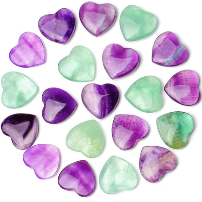 QINJIEJIE 20 PCS Fluorite Heart Healing Crystals Natural Polished Crystal Worry Stones Chakra Mini Cute Palm Love Gemstones Set Bulk Wholesale Reiki Energy Balancing Meditation Valentine's Day Gift
