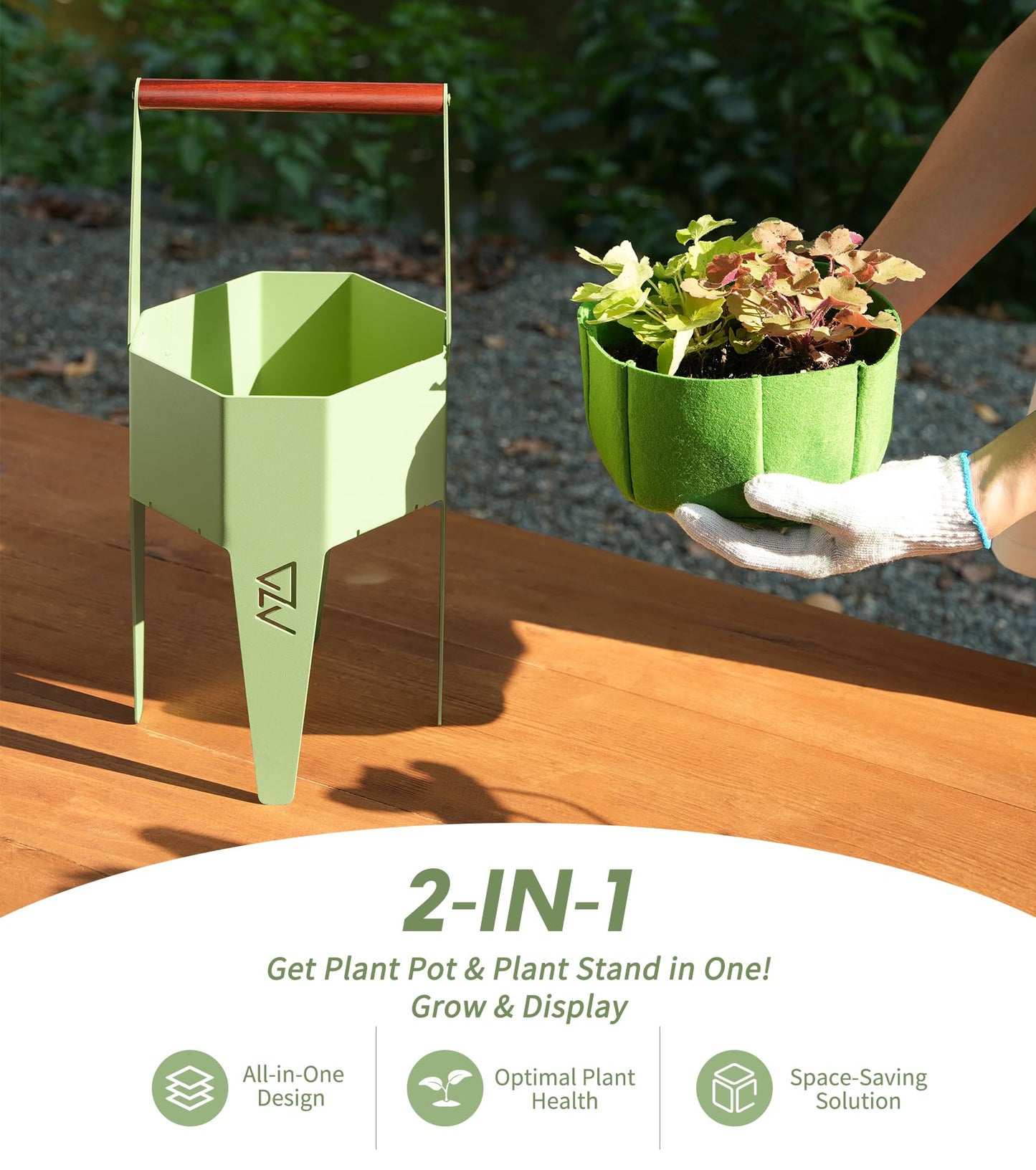AZADESJET Planter with Stand, Metal 2 in 1 Portable Planter with Grow Bags & Handle, Stable Stylish Indoor Plant Pots with Stand, Modern Flower Pots Outdoor, 7.5'' x 17.3'', Green, Plant Not Included