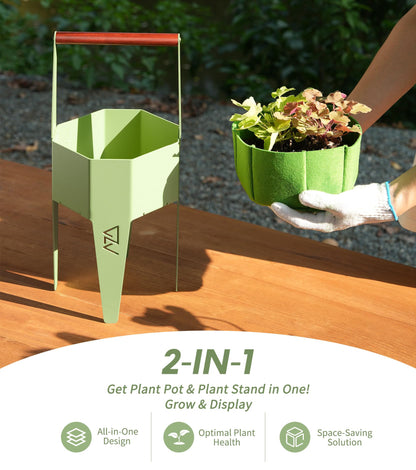 AZADESJET Planter with Stand, Metal 2 in 1 Portable Planter with Grow Bags & Handle, Stable Stylish Indoor Plant Pots with Stand, Modern Flower Pots Outdoor, 7.5'' x 17.3'', Green, Plant Not Included