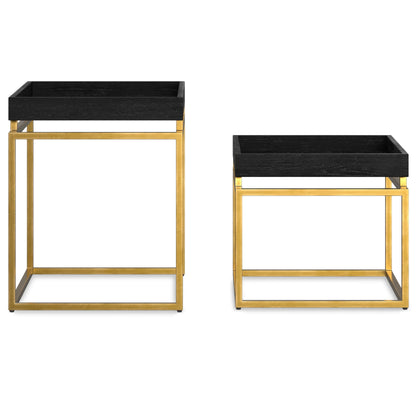 SIMPLIHOME Macy SOLID MANGO WOOD and Metal 20 inch Wide Rectangle Contemporary 2 Pc Nesting Table in Black, Gold, Fully Assembled for the Living Room and Bedroom
