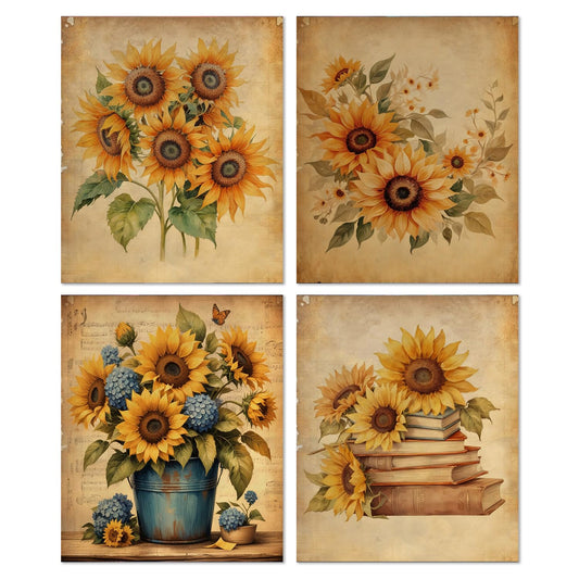 JWVK Vintage Sunflower Diamond Art Kits 4 Pack, Rustic Farmhouse Cottagecore Flower Floral DIY Diamond Gem Painting Art Kits for Girls Kids Adults Beginners, Sunflower Room Decor 10x11.8 Inch