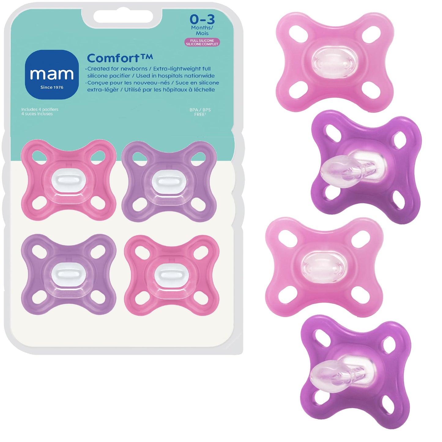 MAM Comfort Baby Pacifier 0-3 Months, Specially for Smaller Newborn Mouths, Lightweight One-Piece BPA-Free Silicone,Easy to Clean, Best for Breastfed Babies, 4 Pk, Made in Europe