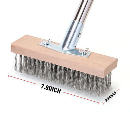 Stainless Steel Wire Scrub Brush with 63" Long Handle, 2PCS 8" Brush Heads, Heavy Duty Large Wire Brush, Stiff Metal Bristle Floor Scrubber, Patio Floor Cleaning, Wire Broom for Concrete, Deck, Moss