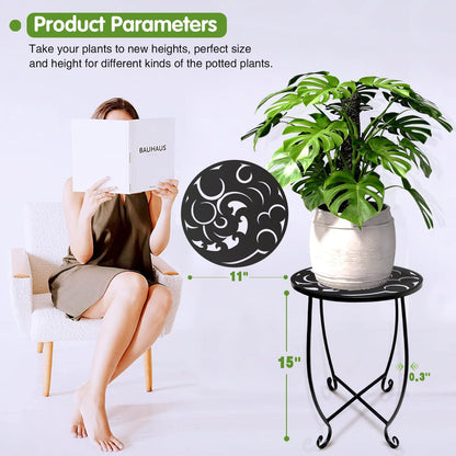 Kaesithar 2 Pack 15 Inch Tall Plant Stands Outdoor Indoor, Metal Side Tables for Patio, Weather Resistant Flower Pot Racks with Swirl Pattern, Black End Table Set for Garden Balcony