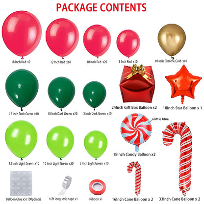 144 Piece Christmas Balloon Garland Arch kit with Xmas Red Gold Fresh Green and Dark Green Balloon Candy Balloons Gift Box Balloons Red Star Balloons for Christmas Party Decorations