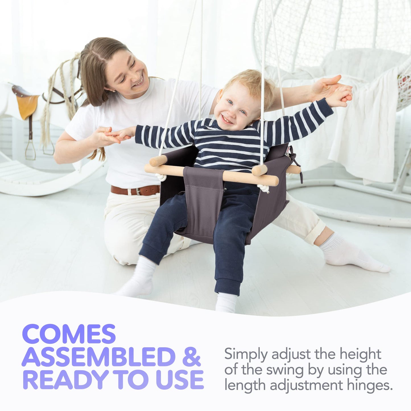 CaTeam Canvas Baby Swing Seat with 5-Point Safety Belt — Wooden Hanging Toddler Swing, Indoor & Outdoor, Ages 1-4, Ceiling Mount Hardware Included, Dark Gray