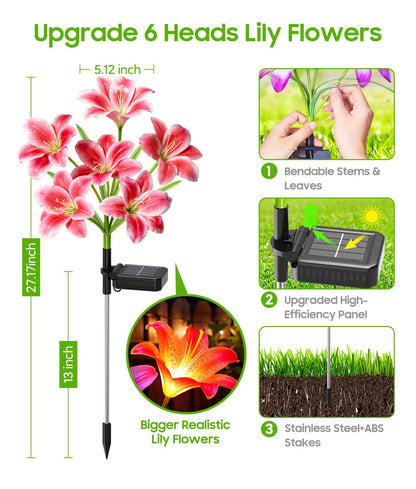 LETMY Solar Garden Lights, 4 Pack Solar Flower Lights with 6 Head Bigger Lily Lights, IP65 Waterproof Solar Lights Outdoor, Decorative Lights for Garden, Patio, Yard, Flower Bed