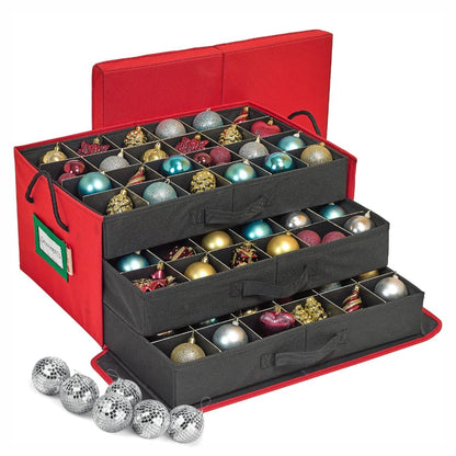 HOLDN’ STORAGE Christmas Ornament Storage Box with Dividers, Holds 72 Ornaments (3 Inch), Large Ball Storage Container with 3 Removable Trays, Durable and Portable - Red