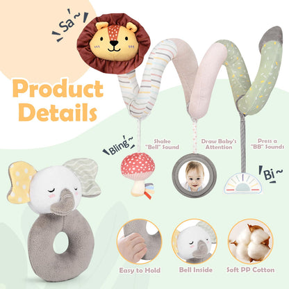 Joyreal Spiral Car Seat Toys with Jungle Soft Book, Plush Rattles and Linking Rings, Stroller & Travel Toy for Newborns and Infants 0-12 Months Girls Boys