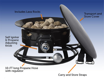Flame King Smokeless Propane Fire Pit, 19-inch Portable Firebowl, 58K BTU with Self Igniter, Cover, & Carry Straps for RV, Camping, & Outdoor Living