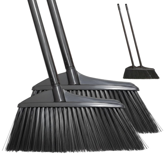 Primero Basics Black Broom for Floor Cleaning, 35" Heavy Duty Iron Handle Angled Broom with Stiff Bristles, Manual Sweeper for Kitchen, Apartment, RV, Small Spaces, Indoor Outdoor Use, 2 Pack