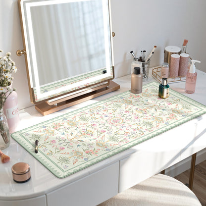 HAOCOO Floral Mouse Pad, 35.4" x 15.7" Waterproof Makeup Mat, Cute Aesthetic Desk Decor Pad, Women Office Keyboard Matt with Stitched Edges, Green Desk Accessories Work for Home