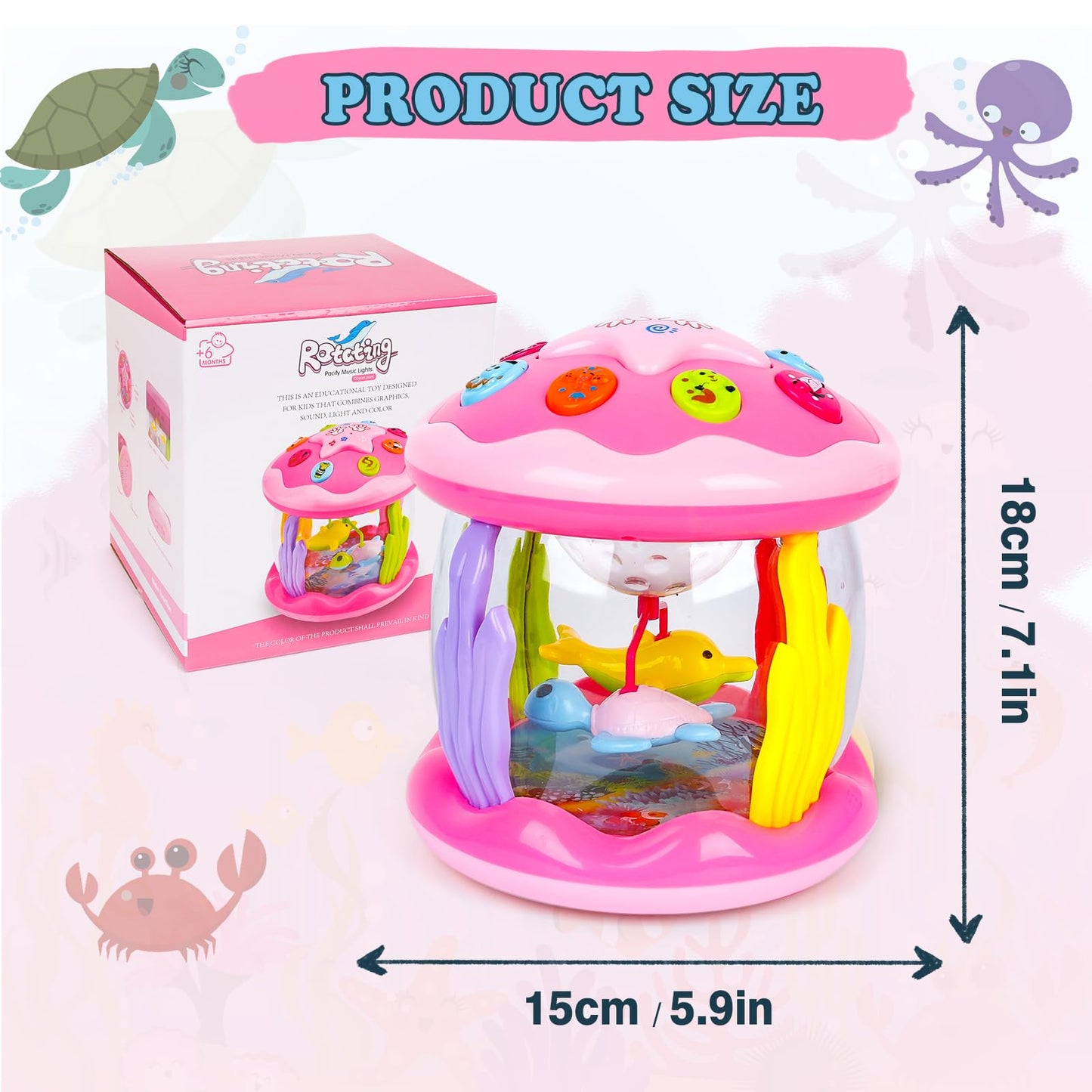 M SANMERSEN Baby Girl Toys 6-12 Months - Babies Ocean Rotating Projector Light Up Musical Toys for 12-18 Months Crawling Learning Tummy Time 1 2 Years Old Infant Boys Girls Pink