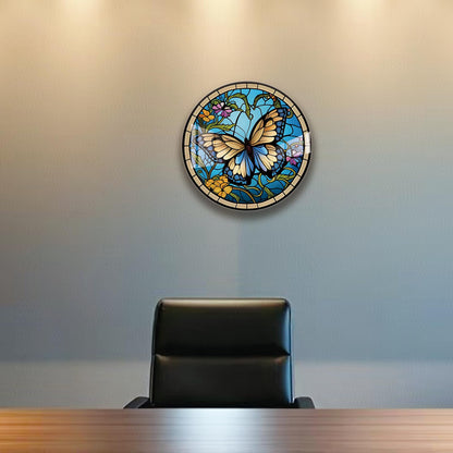 LMSDYSHU Butterflies and Mosaic,Tempered Glass Wall Art,unframed，Easy to clean,18"（45.72cm） Diameter (blue)
