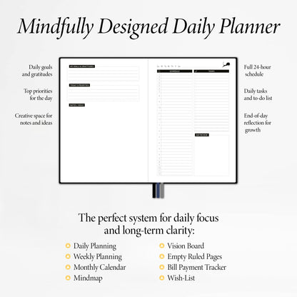 Daily Planner, Calendar & Life Organizer to Improve Time-Management, Productivity & Happiness | Vegan Leather Hardcover Notebook with Blank Dates, Undated 6 Months Hourly Planner for Men & Women, 24 Hour Agenda (Black)