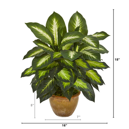 Nearly Natural Artificial Dieffenbachia Plant Faux Greenery in Ceramic Planter for Indoor Home Decor