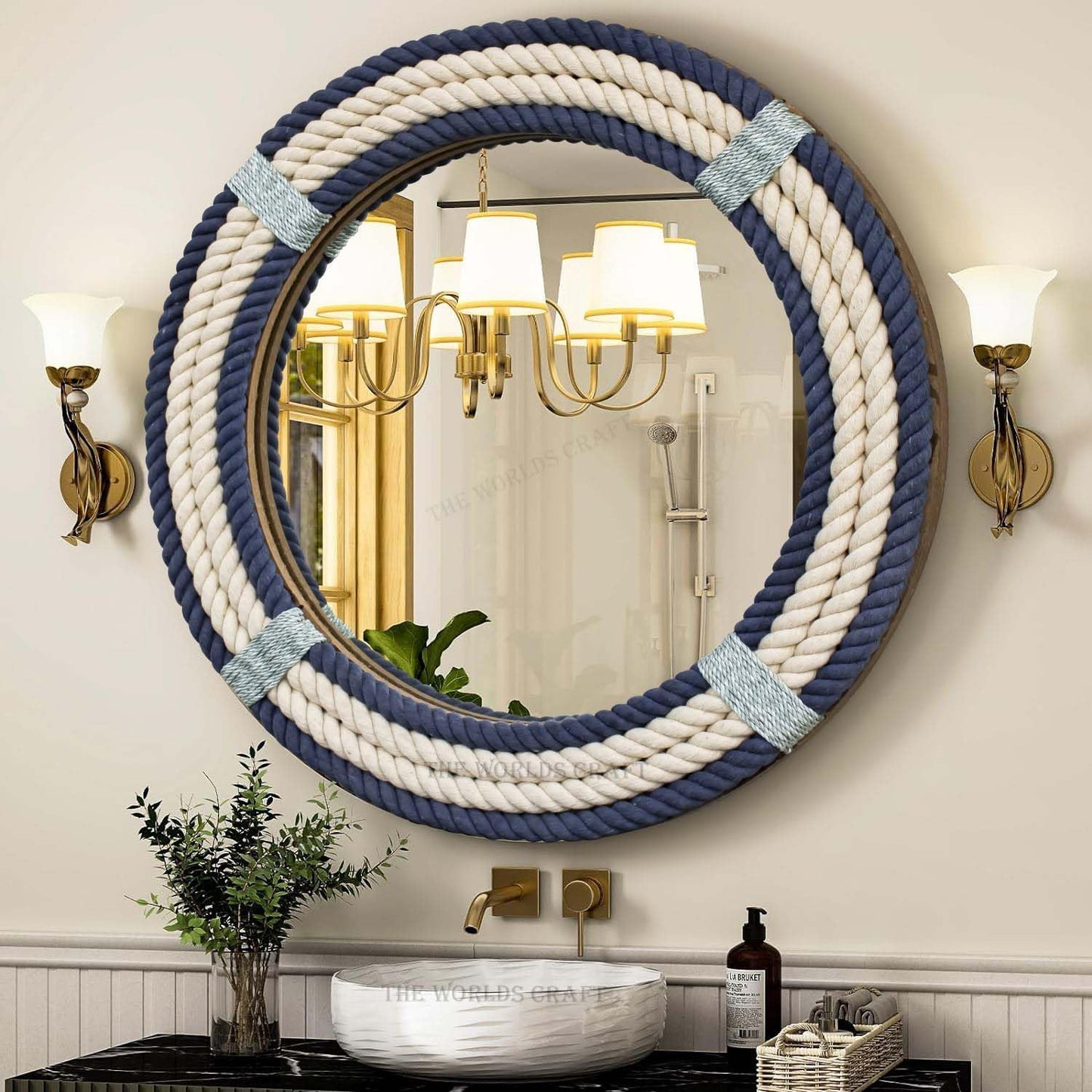 The Worlds Craft Nautical Round Rope Mirror - White Twisted Rope Wall Hanging Mirror, Rustic Boho & Coastal Farmhouse Décor for Bathroom, Bedroom, Nursery, or Entryway
