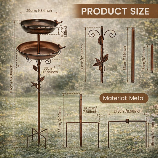 Bird Bath for Outside, 46In Vintage Freestanding Birdbaths with 2 Bird Decor, Double Metal Bird Bath Feeder Bowls Detachable for Garden Patio Yard Lawn Decor Upgraded 5-Pronged Base (Antique Bronze)