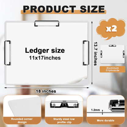 Tenceur 2 Pcs 11x17 Aluminum Clipboard Three Clip Tough Extra Large Clipboard 11x17 Drawing Metal Clipping Board for Office Artists Professionals Workshop Supplies