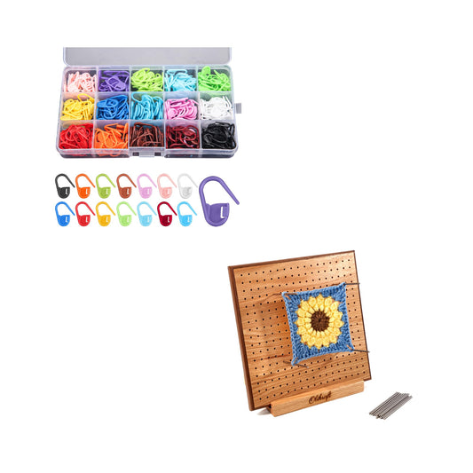 Olikraft 300-Piece Multi-Colored Stitch Marker Set and 8" Crochet Blocking Board with 50 Pins - Durable Red Oak Blocking Board and Stitch Markers for Crochet and Knitting Projects