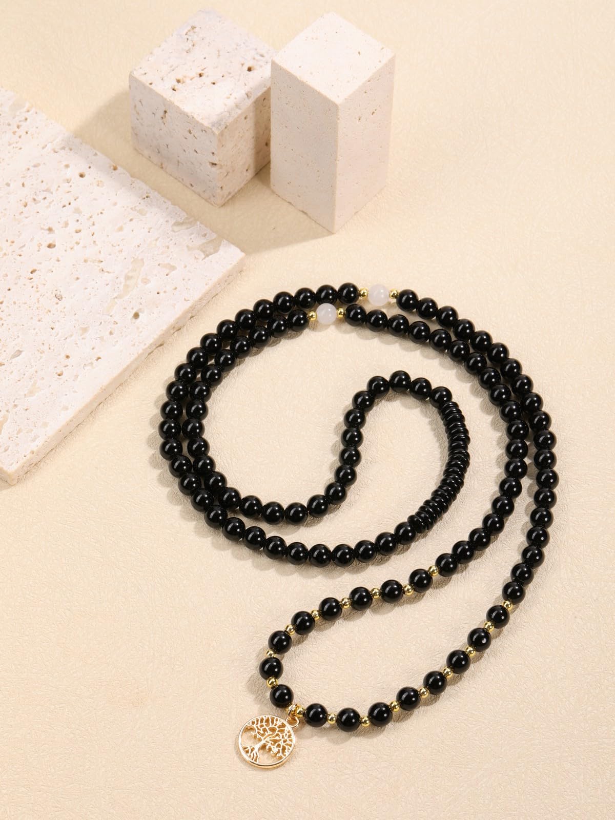 Jovivi 108 Mala Beads Bracelet Necklace, Natural Black Obsidian Healing Crystal Stones Prayer Beads Yoga Meditation Gemstone Necklace Gold Copper Tree Life Pendant