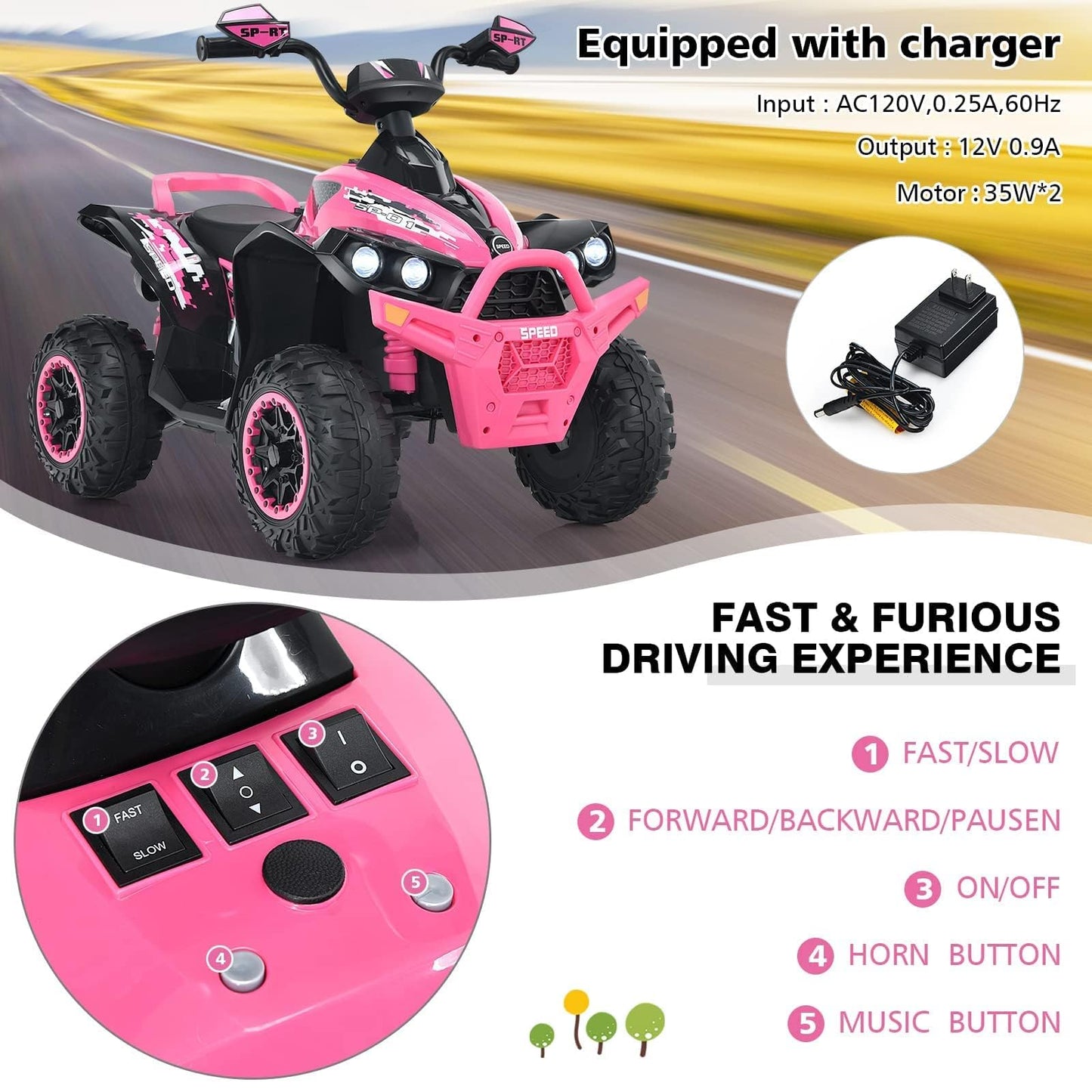 INFANS Kids Ride on ATV, 12V 4 Wheeler Quad Toy Vehicle with Music, Horn, High Low Speeds, LED Lights, Electric Ride On Toy, Battery Powered Wheels Car for Kids 3-8 Years Old (Pink)