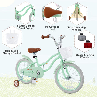 BABY JOY Kids Bike, 18 Inch Boys Girls Bike for 4-8 Years Old w/Training Wheels, Adjustable Seat, Removable Basket, Handbrake & Coaster Brake, Kids Bicycle (Mint Green)