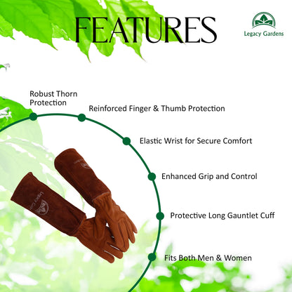 Leather Gardening Gloves for Women & Men, Long Garden Gloves, Cowhide Gauntlet Rose Pruning Thorn Resistant, Forearm Protection, Large, Brown