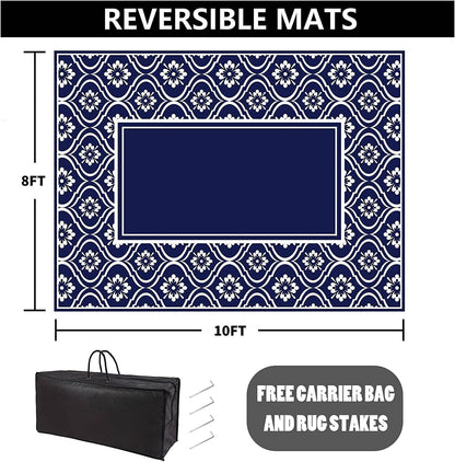 HUGEAR Outdoor Rug 8x10 Patio Camping Carpet Waterproof Mat Blue Outside Plastic Area Rug Reversible Rugs for RV Deck Entryance Porch Picnic Balcony Beach(8x10ft Navy Blue&White)