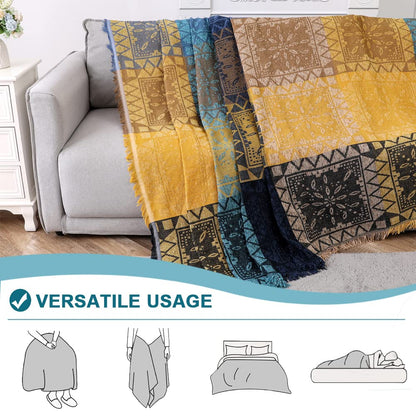Turquoize Boho Couch Cover Bohemian Cotton Sofa Cover Sofa Throw Cover for Couches Sofa Slipcover Sectional Sofa Couch Covers Feature Hippie Chenille Jacquard Fabric(91"x 134",XX-Large,Yellow Navy)