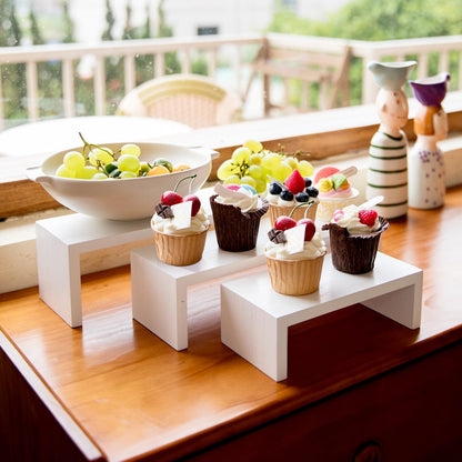 HPC DECOR 3PCS Wood Display Riser Stands- 8'' 12'' & 16'' Decorative Wooden Tabletop Tiered Display Risers for Cupcake Dessert- Modern Farmhouse Nesting Display Risers for Home, Restaurant & Party