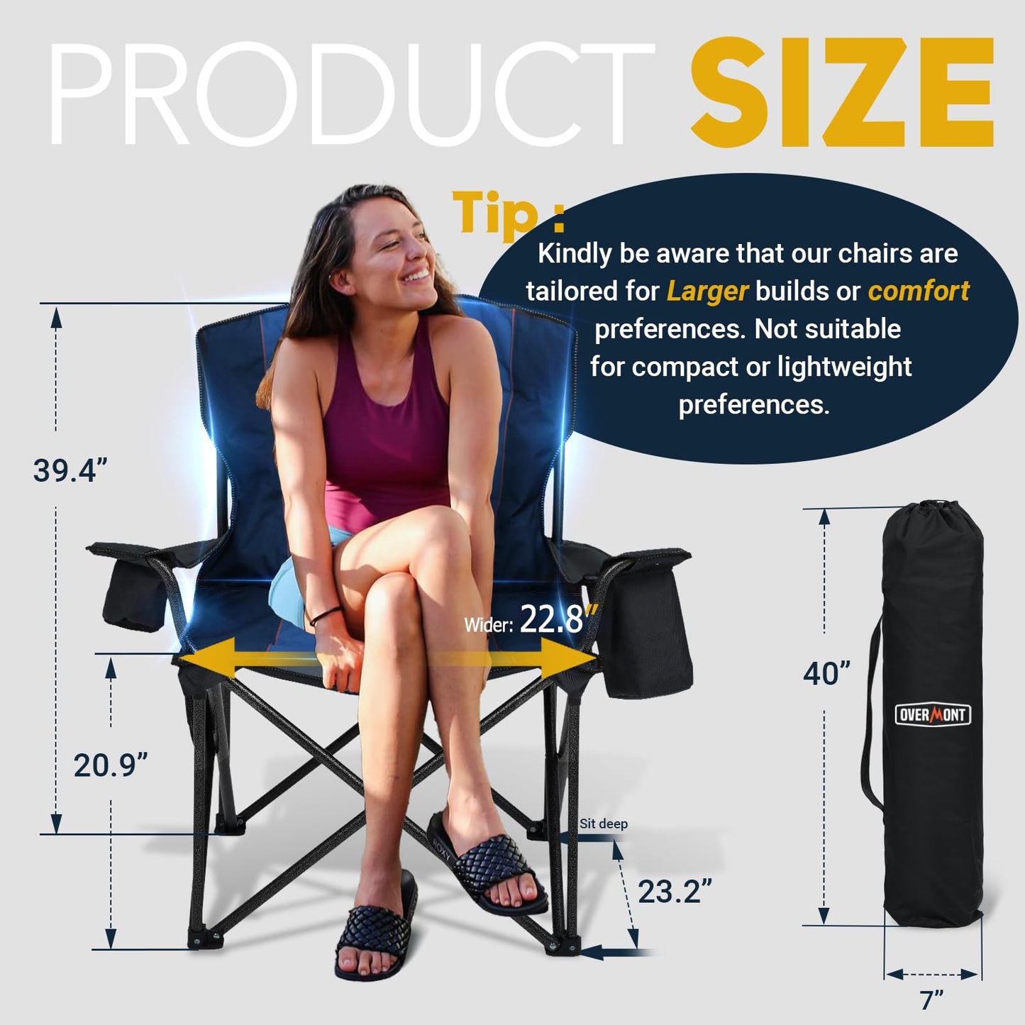 Overmont Oversized Folding Camping Chair - 450lbs Support with Padded Cushion Cooler Pockets - Heavy Duty Collapsible Chairs for Sports Garden Beach Fishing Black