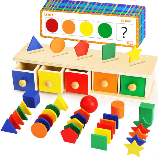 Peacurh Montessori Toys Wooden Color & Shape Sorter Toys for Toddlers 1-3, Matching Box Sorting Blocks Manipulatives Preschool Learning Educational Toy for 1 2 3 4 Year Old Boy Girl Kid Gifts