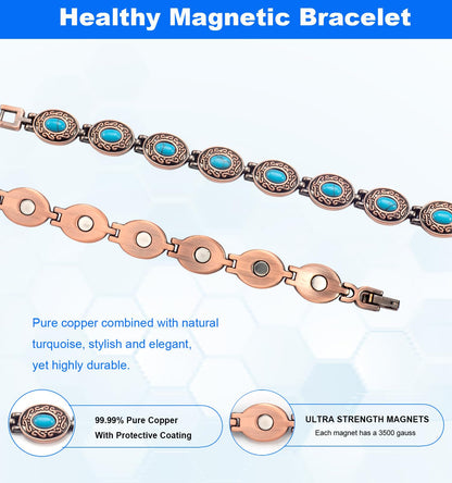 EnerMagiX Copper Bracelets for Women, Pure Copper with Turquoise Adjustable Magnetic Bracelet, Mother's Day Presents(0174)