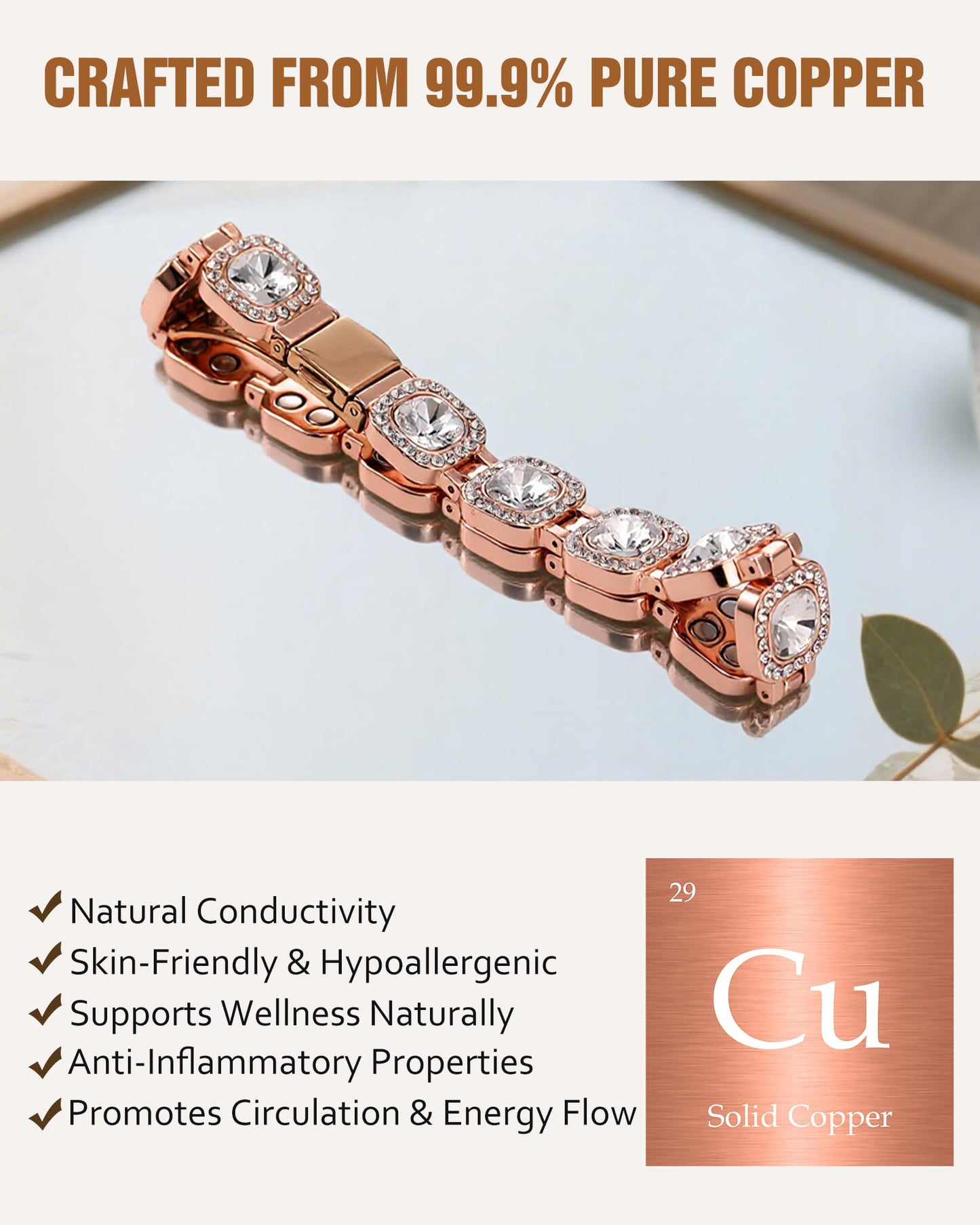 Jecanori Pure Copper Magnetic Bracelet for Women, 4X Strength Magnetic Therapy Bracelet with 3800 Gauss Neodymium Magnets, Adjustable Copper Jewelry Gift