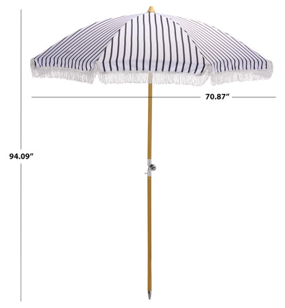 SAFAVIEH Outdoor - Bella 6.5 FT Beach Umbrella - Black Striped Canopy with White Fringe Trim, Tilt Function, Aluminum Pole with Wood Grain Finish, Weather Resistant for Beach, Patio, Garden (PAT8504A)