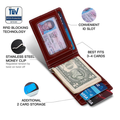 RUNBOX Slim Money Clip Wallets for Men RFID Blocking 8 Card Holder Minimalist Small Thin Carbon Leather Bifold Mens Front Pocket Wallet Gift Box(Vermilion)