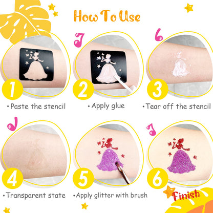 Temporary Glitter Tattoo Kids, Eleanore's Diary 31 Glitter Colors,165 Unique Stencils,2 Glue,4 Brushes,Adults & Kids Arts Glitter Make Up Kit, Gifts for Girls Boys Birthday Party Summer Festival