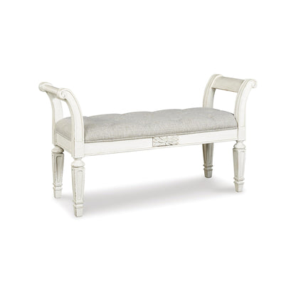 Signature Design by Ashley Realyn French Country Upholstered Tufted Accent Bench with Foam Cushion and Scrolled Arms, Wood Frame, 25.88" High, Antique White