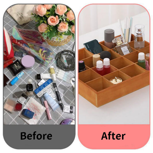 LONG TAO 1 Pcs 13.4''x10.6''x2'' Wooden Storage Divider Box Showcase Display Box Organization Tray Display Holder with 20 Compartments for Home Craft Office Kitchen Storage (Vintage Color)