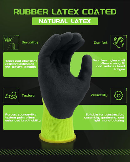 FJDZ SAFETY 13-gauge Seamless Nylon Shell Natural Rubber Foam Latex Coated Work Gloves Precision Handling, Construction, Warehouse,(Lime Green,Small)