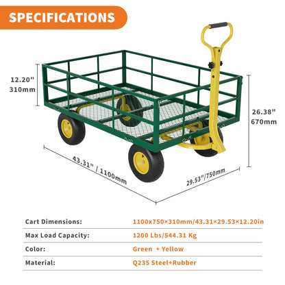 3-in-1 Heavy-Duty Steel Garden Cart, 1200 Lbs Garden Wagon, with 13 Inch All-Terrain Tires and Removable Mesh Side Panels, 180° Rotating Handle, Metal Utility Yard Trailer, Outdoor Gardens Wagon Cart