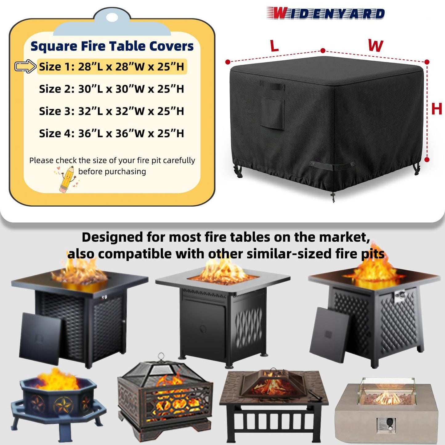 Widenyard Square Fire Pit Cover 28 x 28 x 25 inch, Waterproof Heavy Duty Gas Fire Table Covers for 28x28 inch Patio Outdoor Firepits, All-Weather Protection