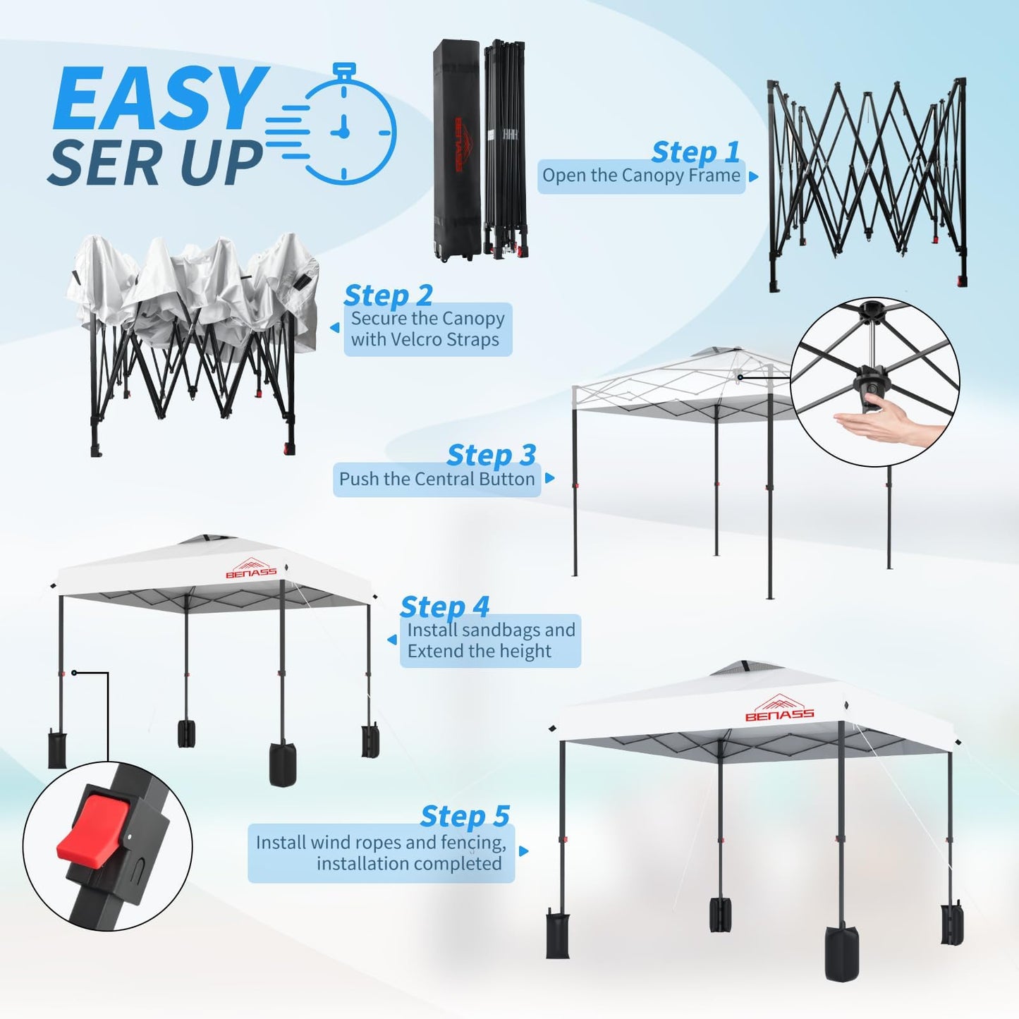 Benass 12x12 Pop Up Canopy, Easy Up Canopy Tent, Heavy Duty Tents for Parties, One Person Set Up Event Tent, White