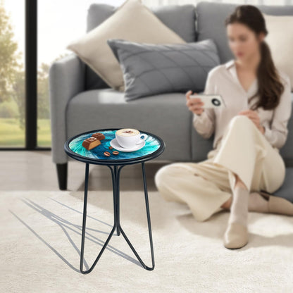 LIFFY Patio Side Table, Small Round End Table, Metal Side Table Outdoor, Small Porch Table for Indoor Balcony Furniture Decor (Blue Glass 12inch)