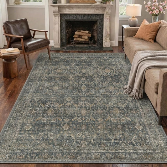 BESBLEE 8X10 Area Rugs Machine Washable Rugs for Living Room, Vintage Boho Large Rugs for Bedroom Dining Room, Non Slip Indoor Soft Distressed Lightweight Thin Low Pile Carpet, Deep