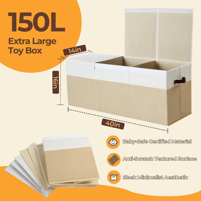 Uniency Extra Large Toy Box,150L Foldable Sturdy Toy Storage with Lid,40"x14"x16" Kids Storage Organizer, Toy Chest for Boys&Girls,for Living Room,Nursery,Bedroom,Playroom,Large Capacity Toybox(Beige)